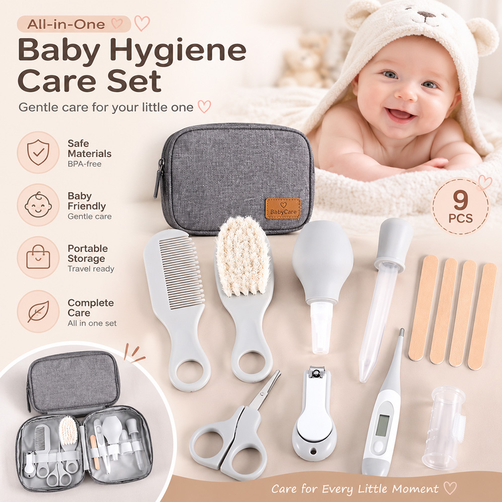 Baby Products Essentials - Babyverzorgingsset 9-delig, inclusief nagelknipper, haarborstel, kam,
